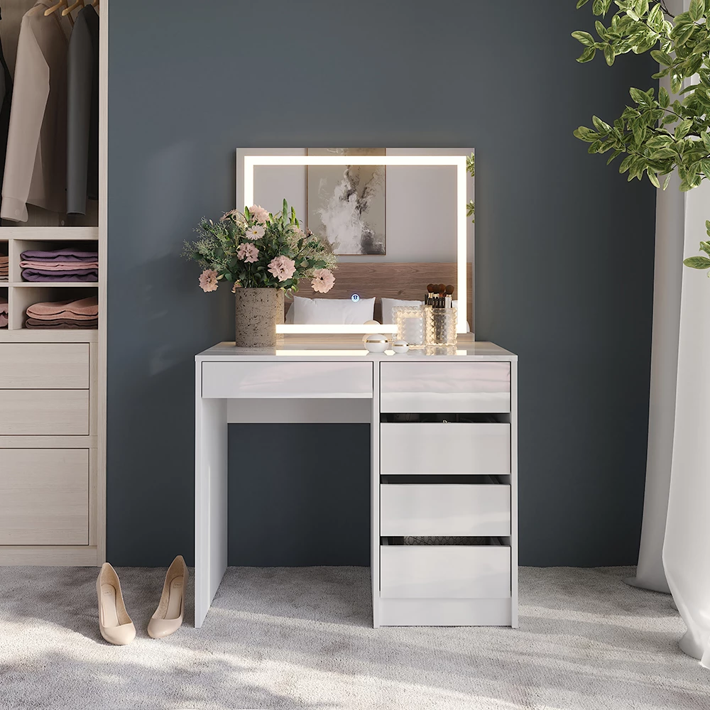 Coiffeuse en blanc/blanc brillant, présenté dans un décor ambiant avec décoration