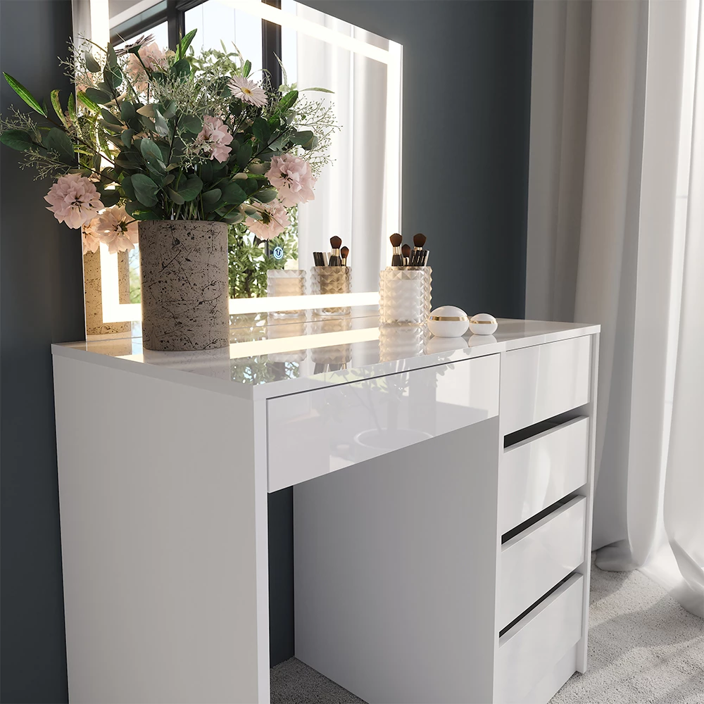 Gros plan de Coiffeuse en blanc/blanc brillant, montrant la texture/les détails