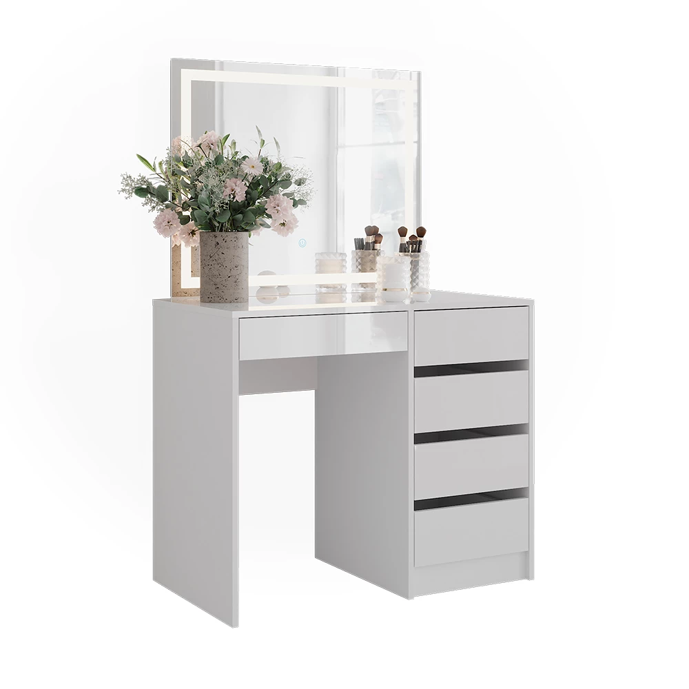 Coiffeuse en blanc/blanc brillant sur fond blanc avec des éléments décoratifs