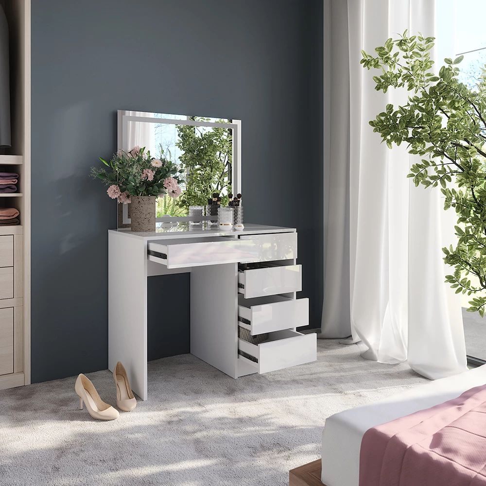 Gros plan de Coiffeuse en blanc/blanc brillant, montrant le design et les détails de surface