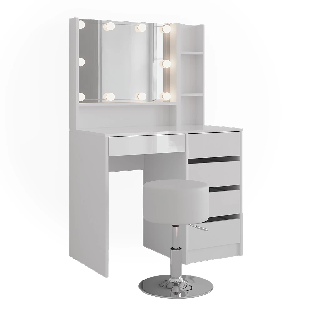 Makeupbord i farven Hvid/hvid højglans på hvid baggrund