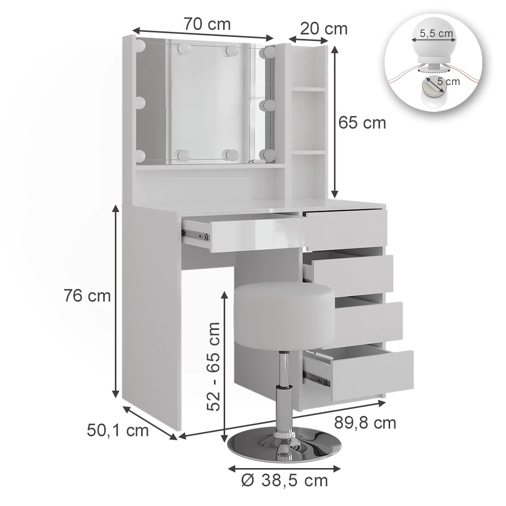 Makeupbord i farven Hvid/hvid højglans på hvid baggrund med synlige dimensioner