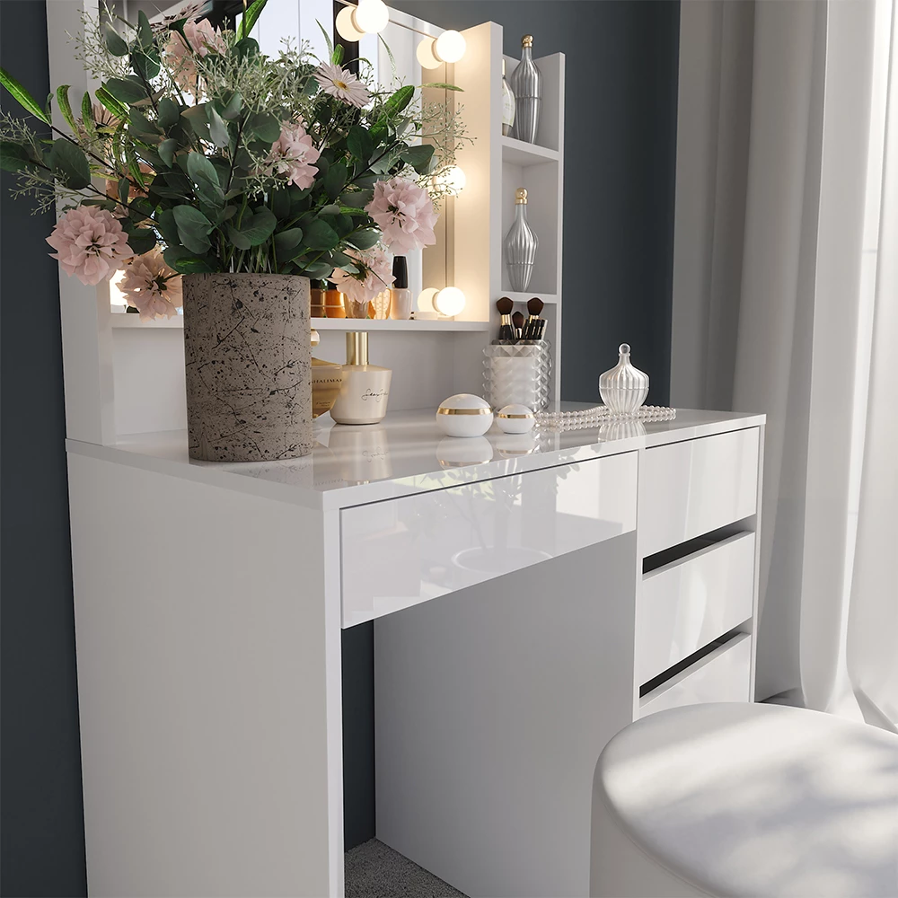 Nærbillede af Makeupbord i farven Hvid/hvid højglans, der viser struktur/detaljer