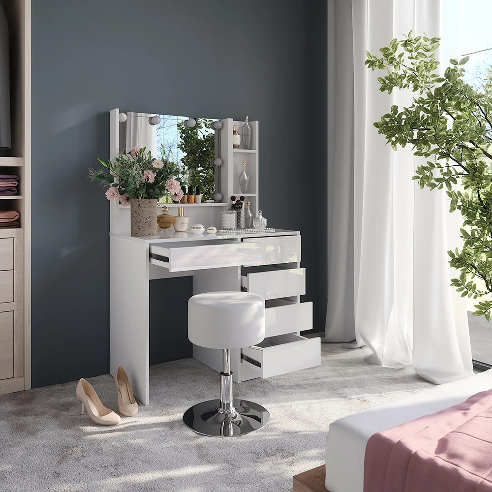 Nærbillede af Makeupbord i farven Hvid/hvid højglans, der viser design og overfladedetaljer