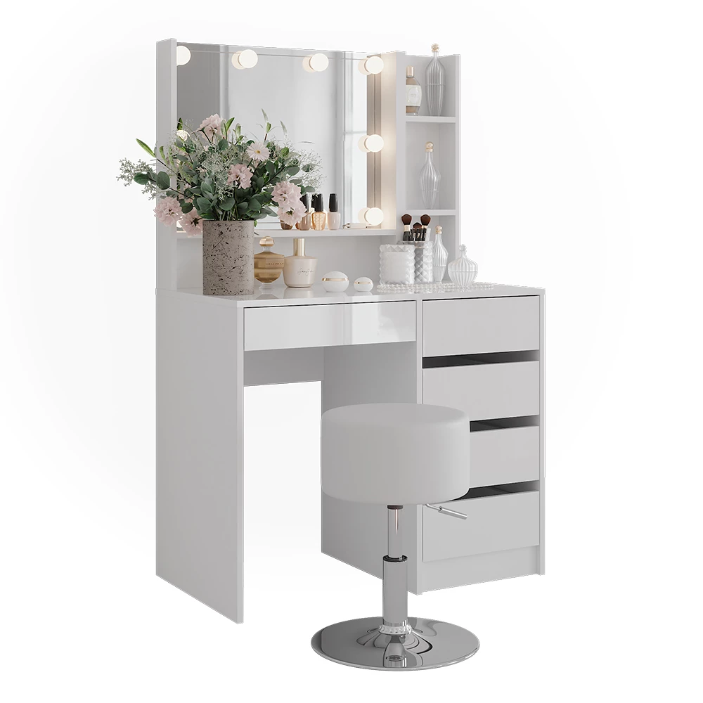 Makeupbord i farven Hvid/hvid højglans på hvid baggrund med dekorative elementer