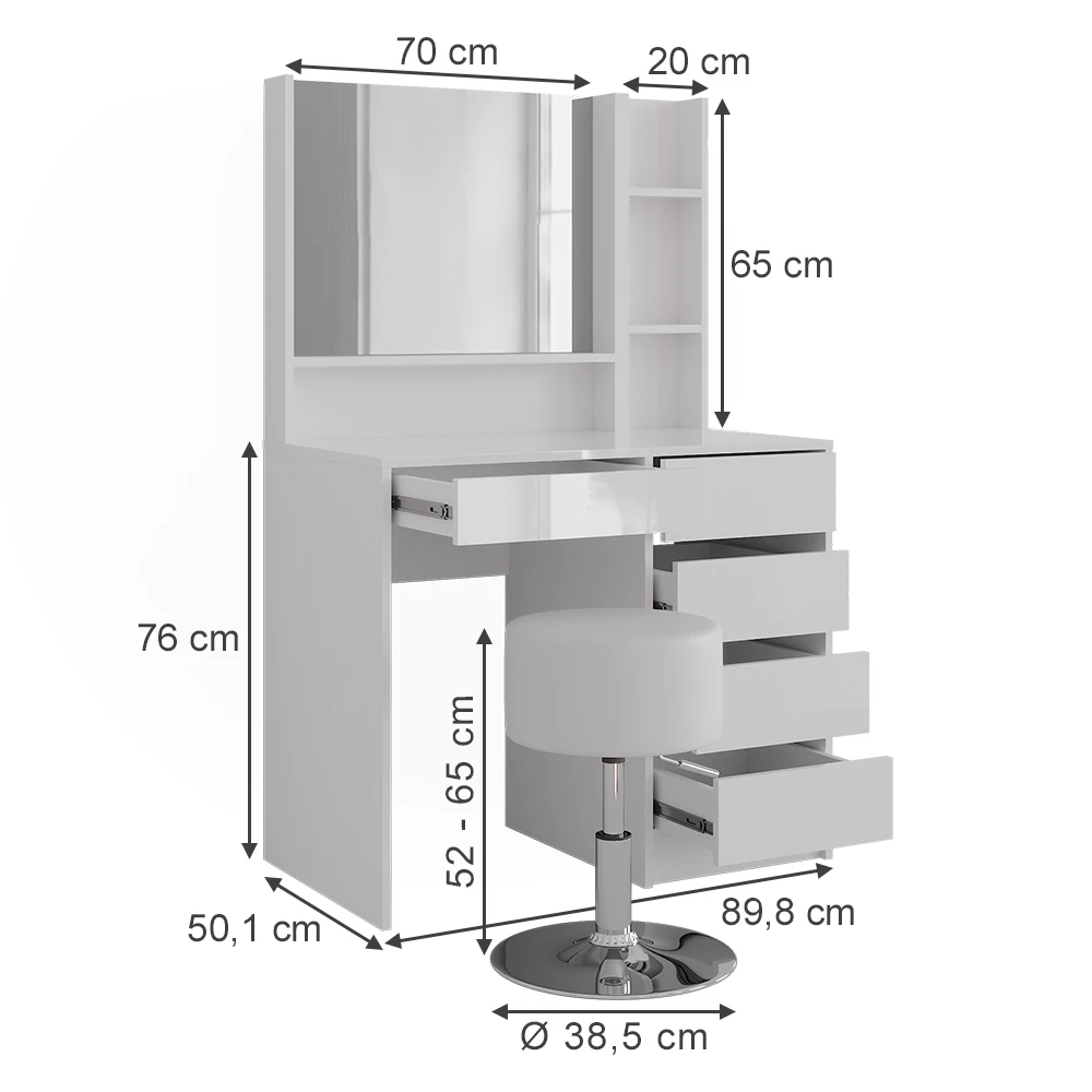 Tavolo da toeletta in Bianco/bianco lucido su sfondo bianco con dimensioni visibili