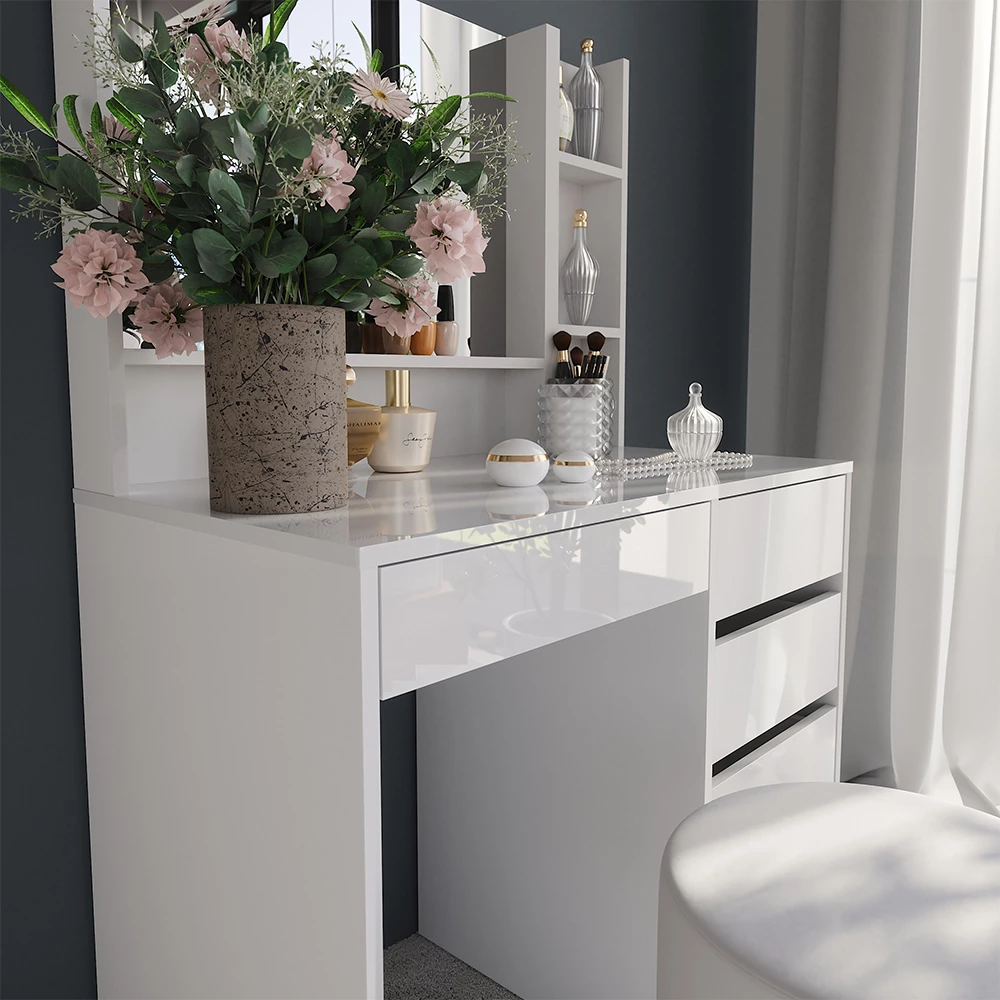 Primo piano di Tavolo da toeletta in Bianco/bianco lucido, mostrando texture/dettagli