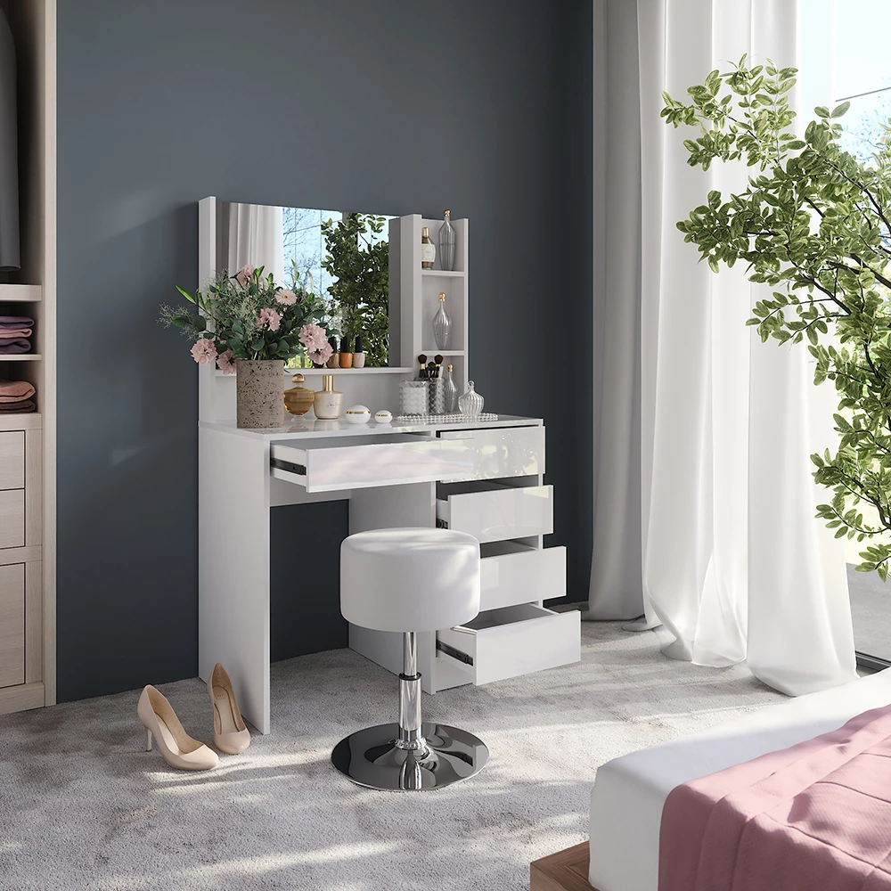 Primo piano di Tavolo da toeletta in Bianco/bianco lucido, mostrando design e dettagli della superficie