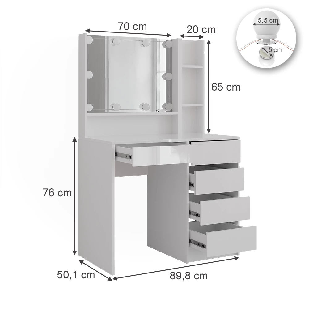 Kaptafel met licht in Wit/wit hoogglans op een witte achtergrond met zichtbare afmetingen