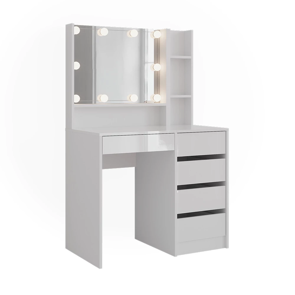 Kaptafel met licht in Wit/wit hoogglans op een witte achtergrond