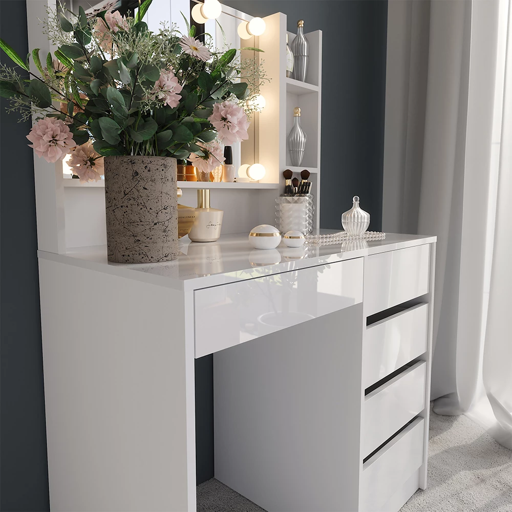 Close-up van Kaptafel met licht in Wit/wit hoogglans, met textuur/details