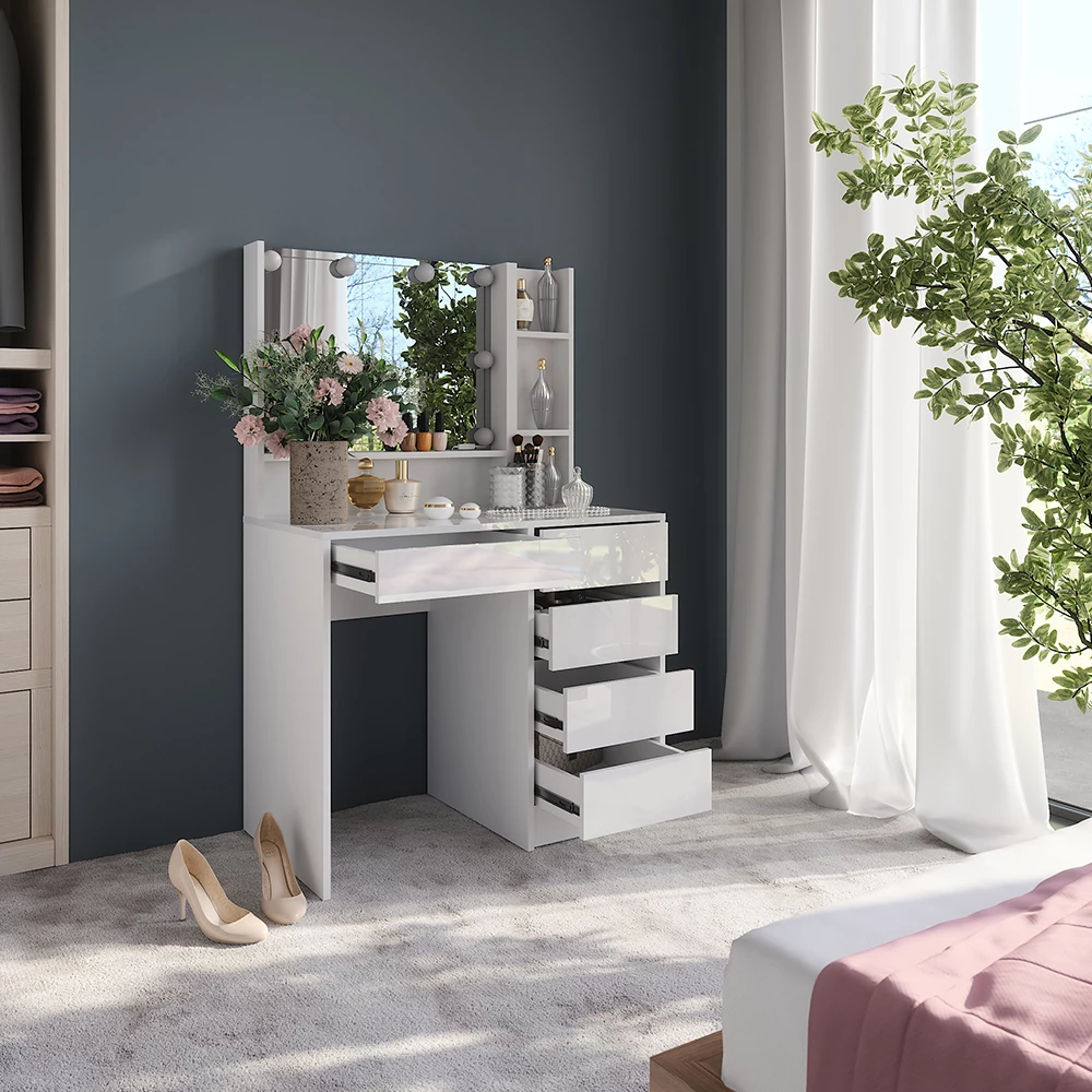 Close-up van Kaptafel met licht in Wit/wit hoogglans, met ontwerp- en oppervlakte-details