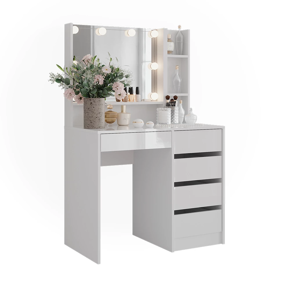 Kaptafel met licht in Wit/wit hoogglans op een witte achtergrond met decoratieve elementen