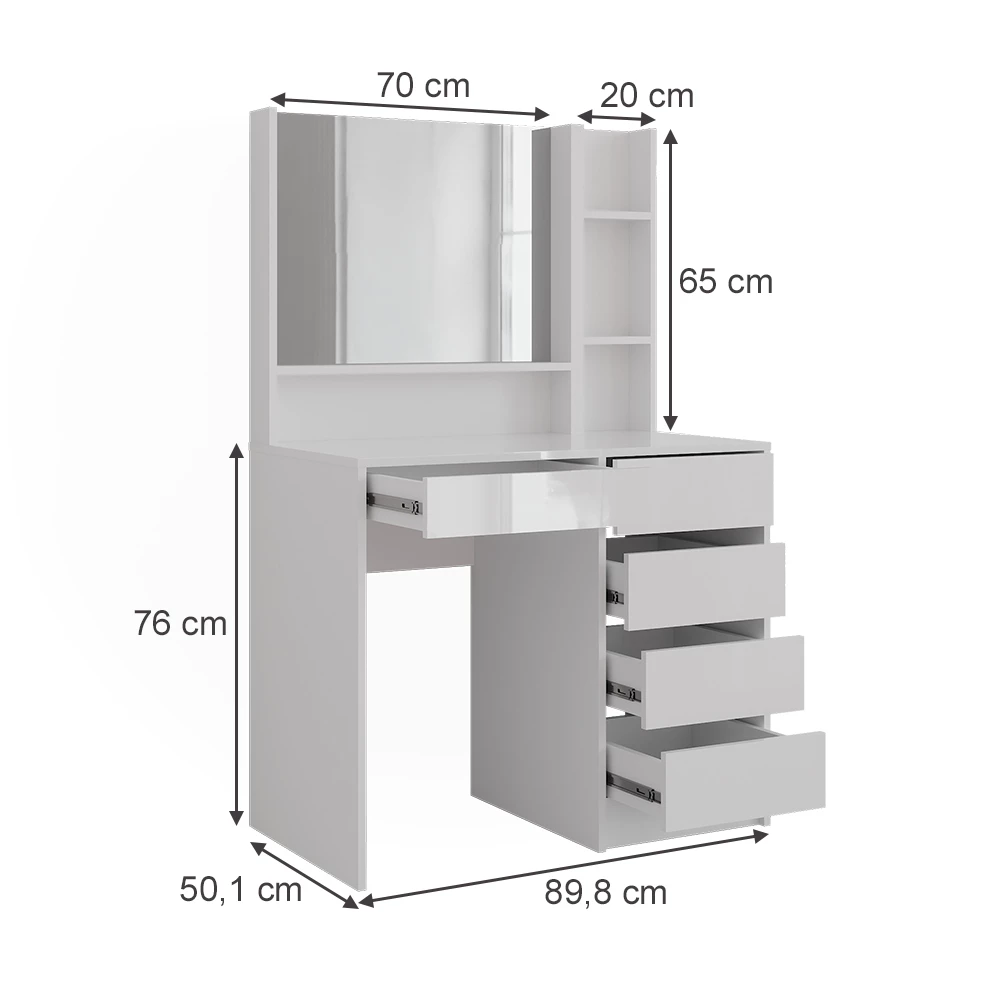 Schminktisch in Weiß/Weiß Hochglanz auf weißem Hintergrund mit sichtbaren Maßen