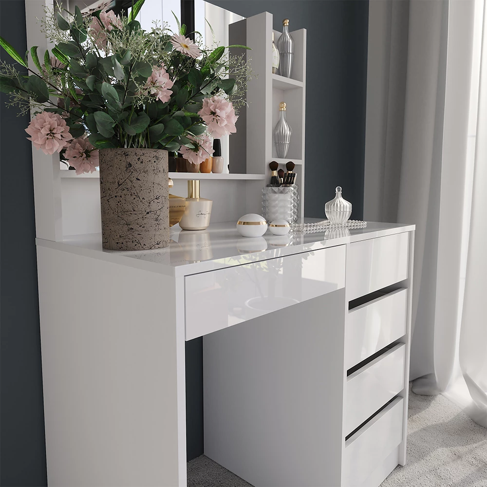 Nahaufnahme von Schminktisch in Weiß/Weiß Hochglanz, zeigt Textur/Details