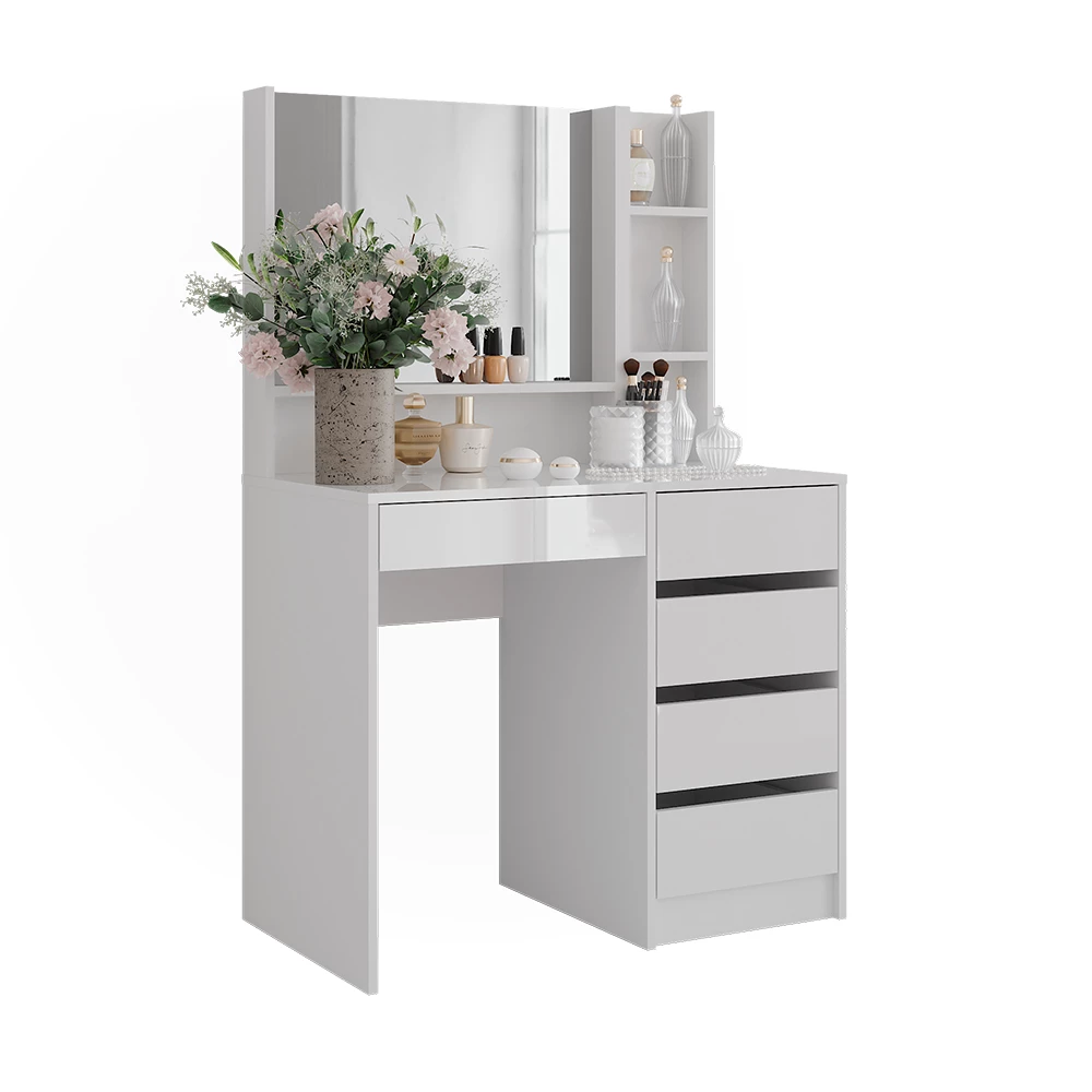 Schminktisch in Weiß/Weiß Hochglanz auf weißem Hintergrund mit dekorativen Elementen