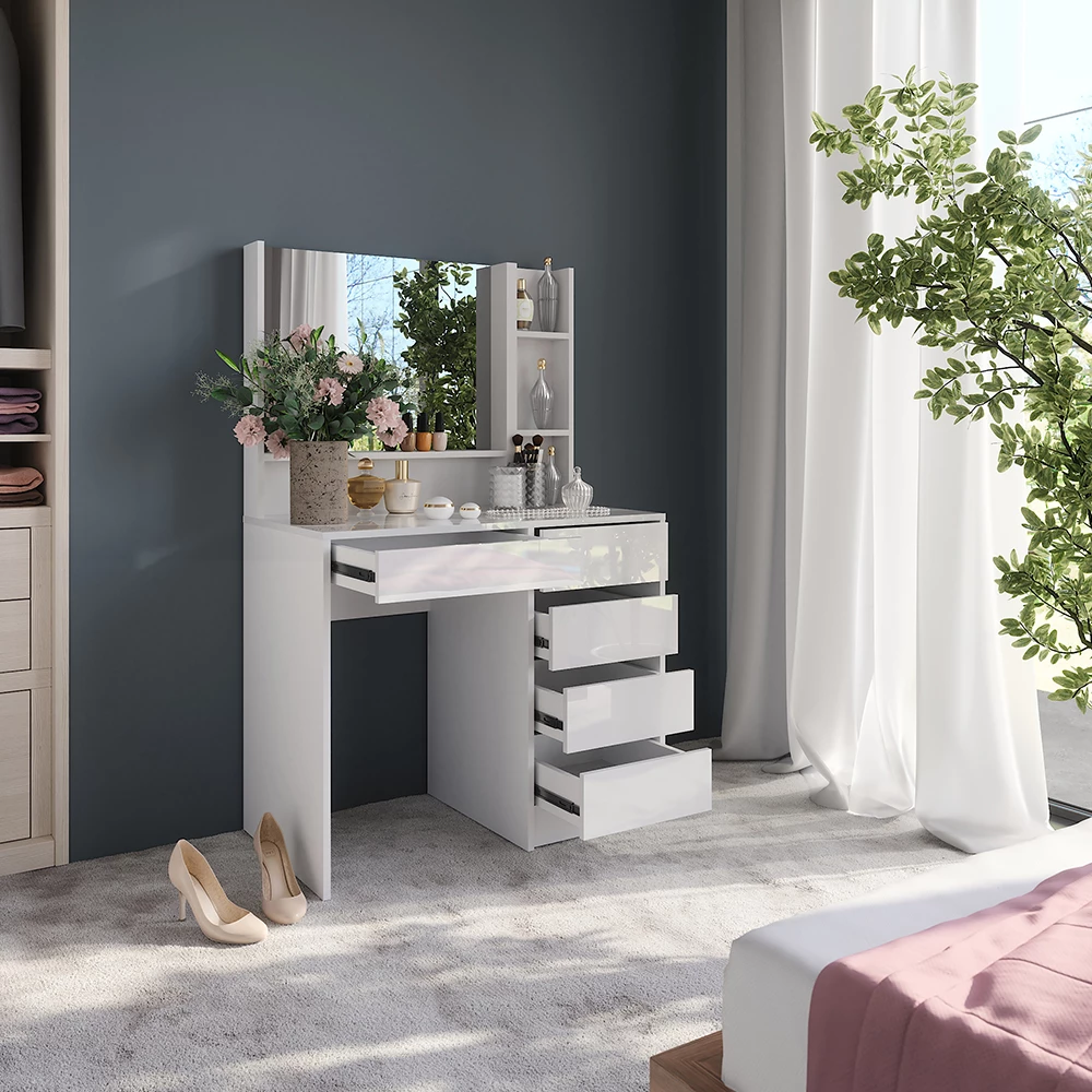 Nahaufnahme von Schminktisch in Weiß/Weiß Hochglanz, zeigt Design- und Oberflächendetails