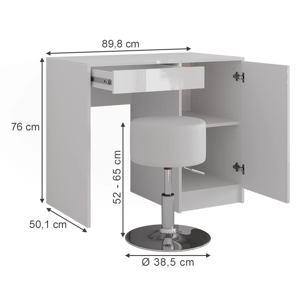 Kaptafel in Wit/wit hoogglans op een witte achtergrond met zichtbare afmetingen
