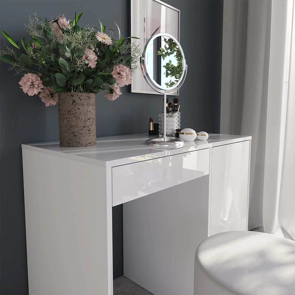 Close-up van Kaptafel in Wit/wit hoogglans, met textuur/details