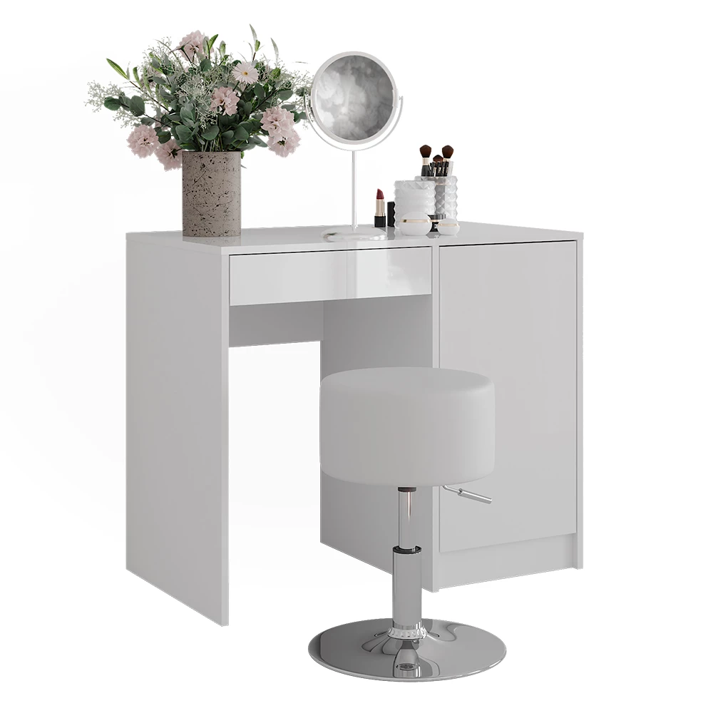 Kaptafel in Wit/wit hoogglans op een witte achtergrond met decoratieve elementen