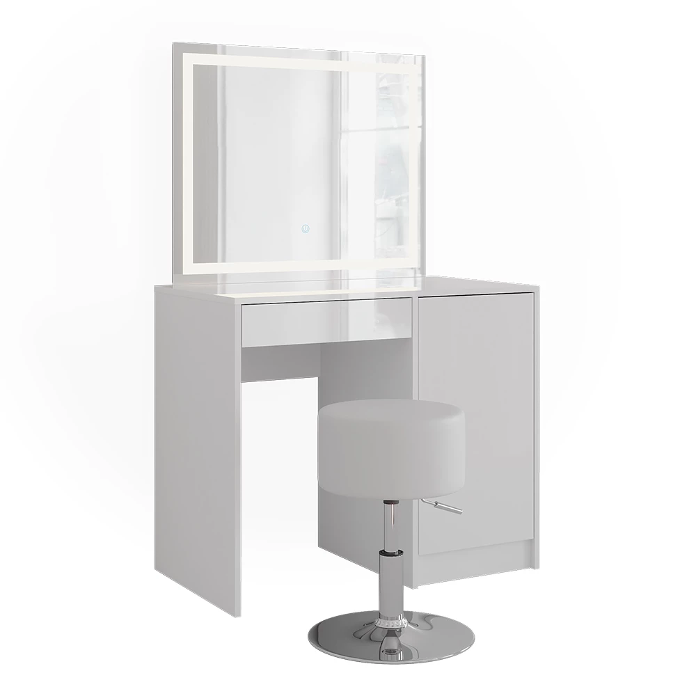 Kaptafel set met kruk in Wit/wit hoogglans op een witte achtergrond