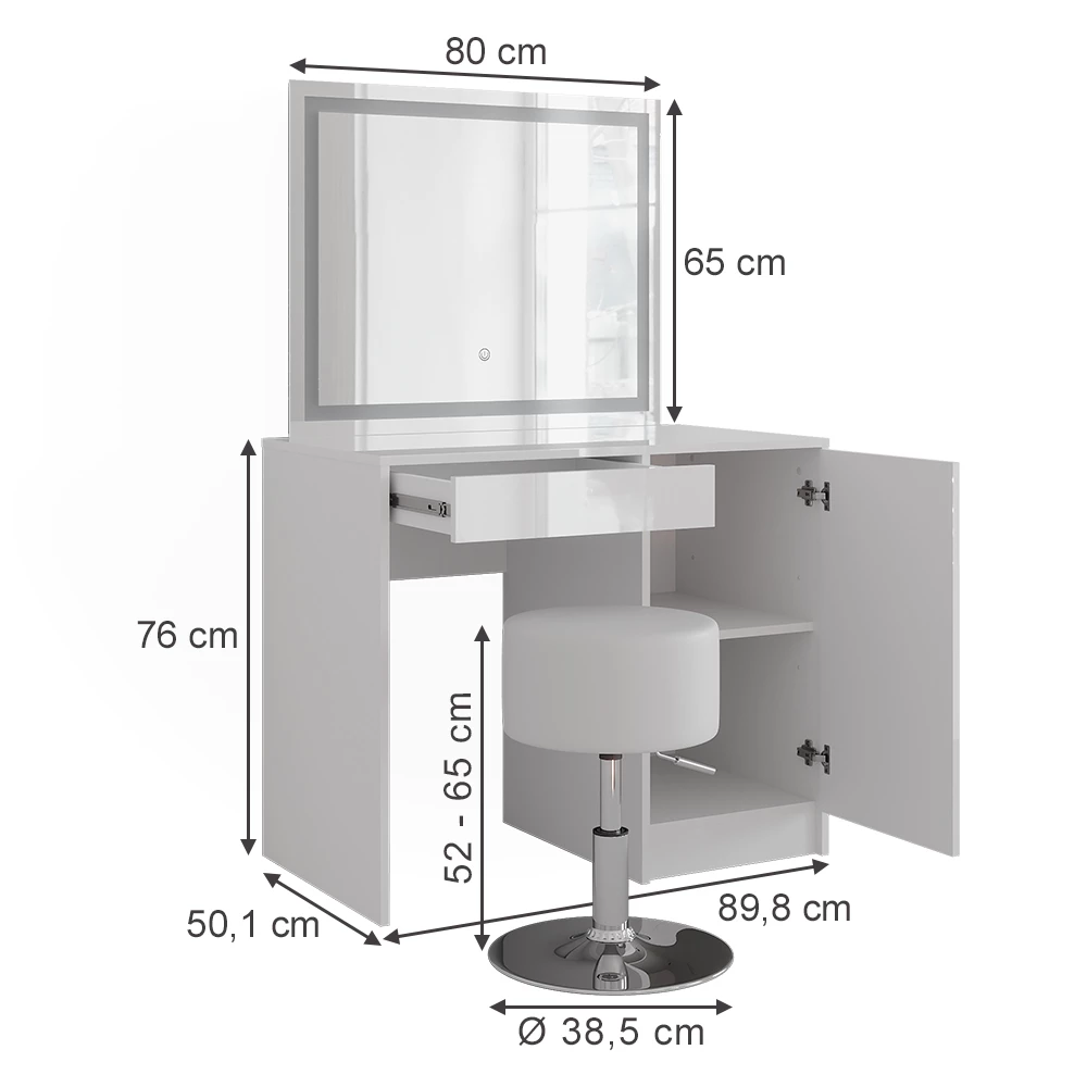 Kaptafel set met kruk in Wit/wit hoogglans op een witte achtergrond met zichtbare afmetingen
