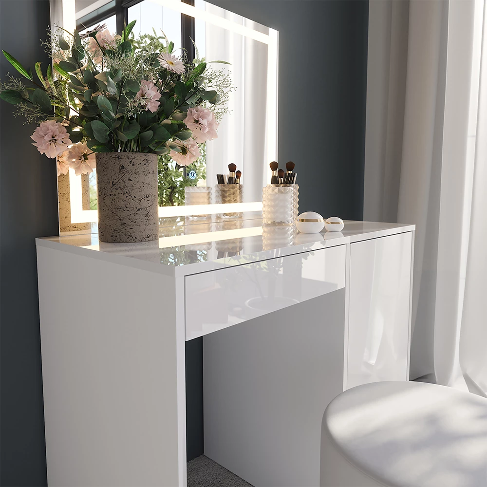 Close-up van Kaptafel set met kruk in Wit/wit hoogglans, met textuur/details