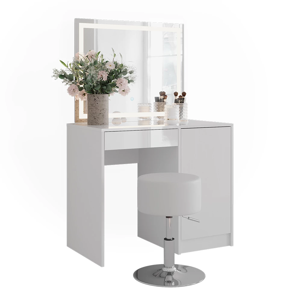 Kaptafel set met kruk in Wit/wit hoogglans op een witte achtergrond met decoratieve elementen