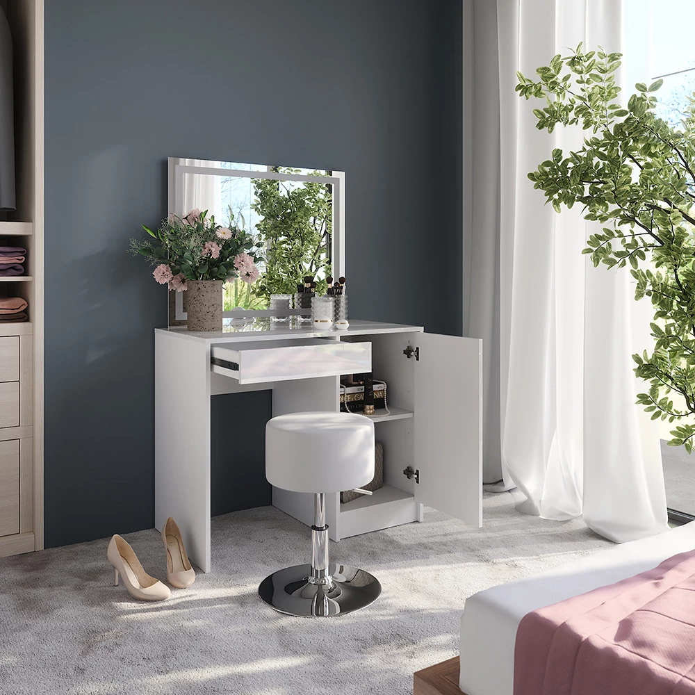 Close-up van Kaptafel set met kruk in Wit/wit hoogglans, met ontwerp- en oppervlakte-details