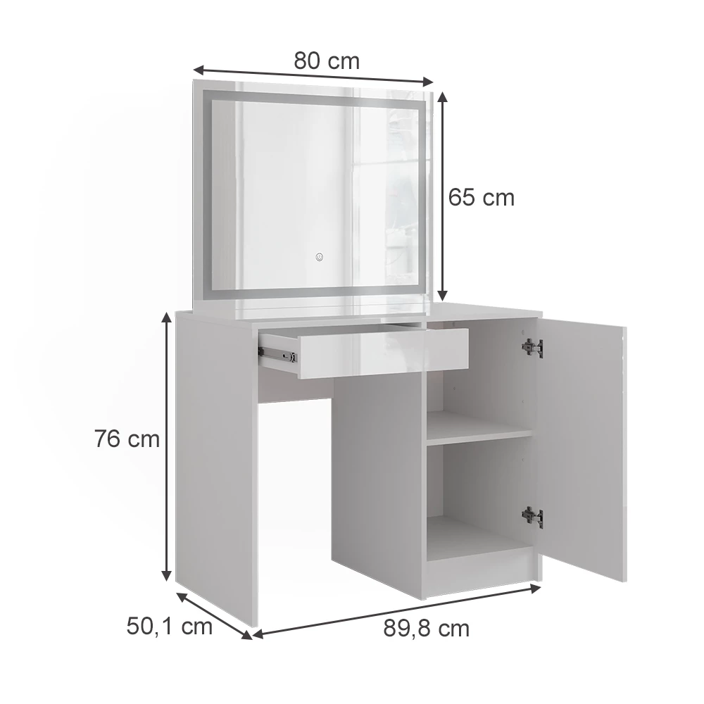 Coiffeuse en blanc/blanc brillant sur fond blanc avec dimensions visibles