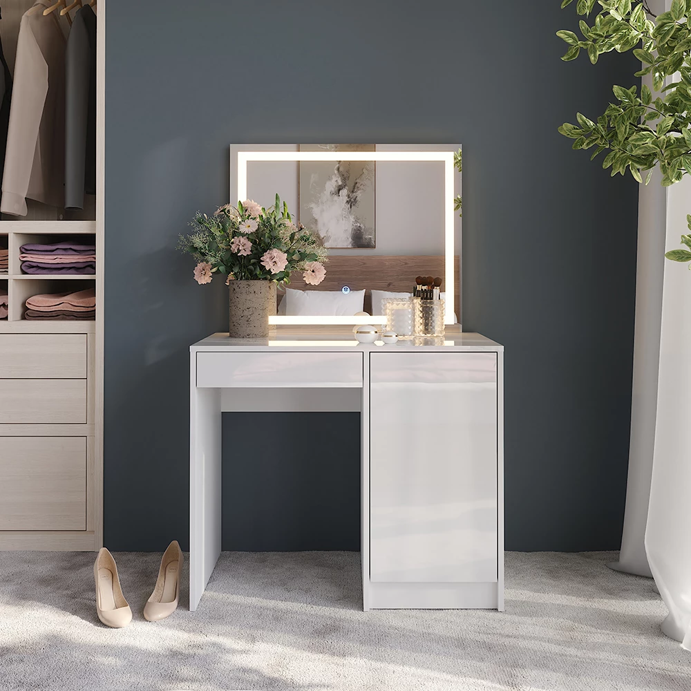 Coiffeuse en blanc/blanc brillant, présenté dans un décor ambiant avec décoration