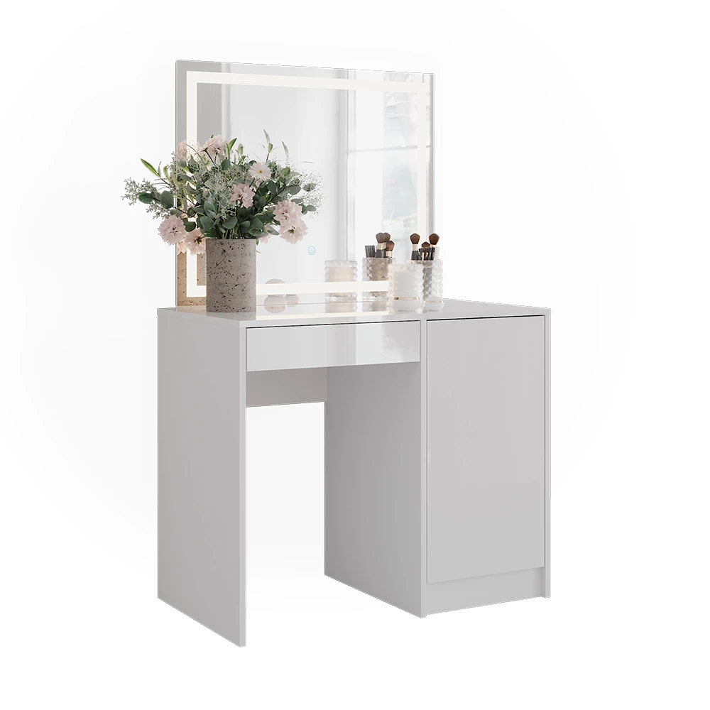 Coiffeuse en blanc/blanc brillant sur fond blanc avec des éléments décoratifs