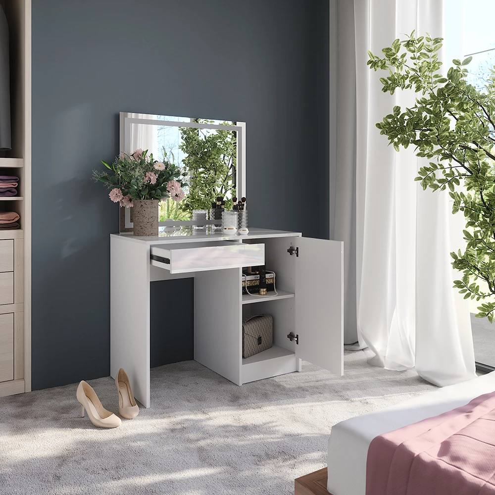 Gros plan de Coiffeuse en blanc/blanc brillant, montrant le design et les détails de surface