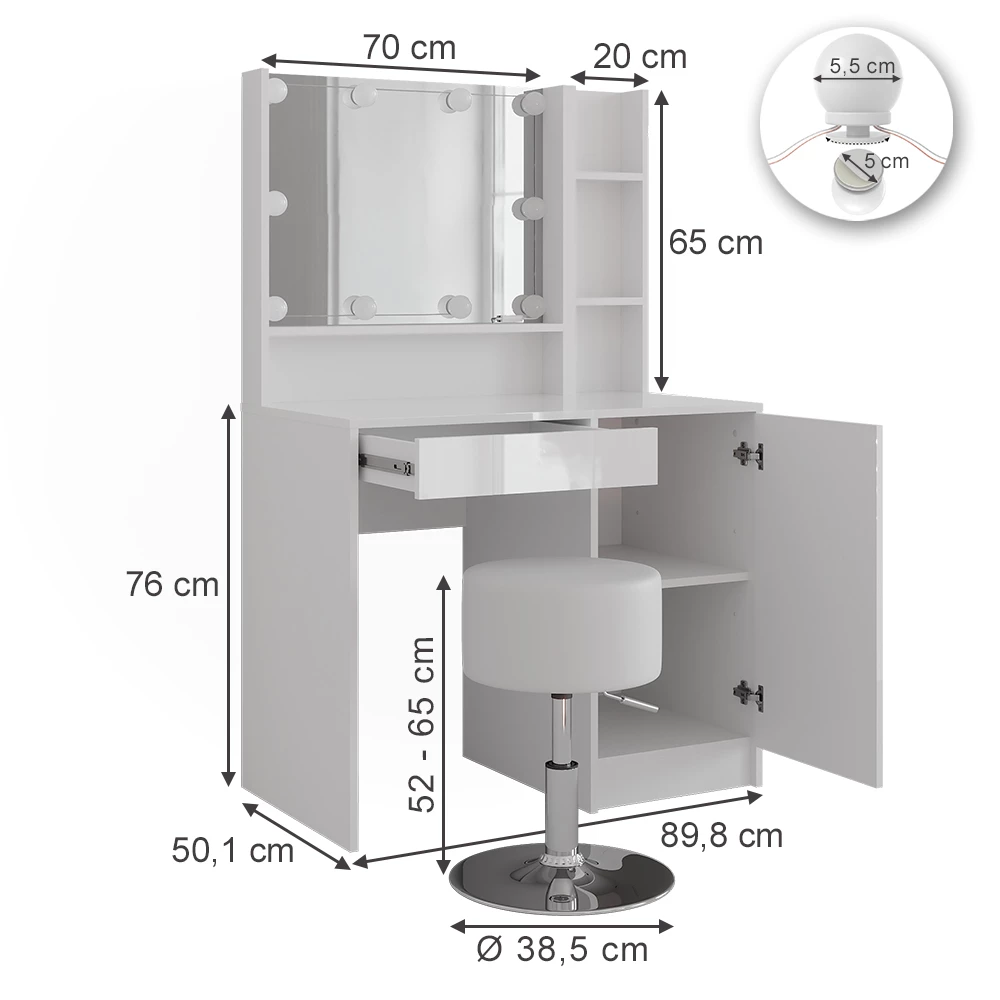 Coiffeuse en blanc/blanc brillant sur fond blanc avec dimensions visibles