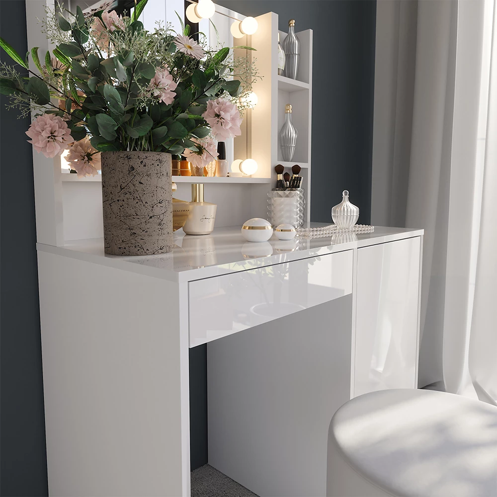 Gros plan de Coiffeuse en blanc/blanc brillant, montrant la texture/les détails