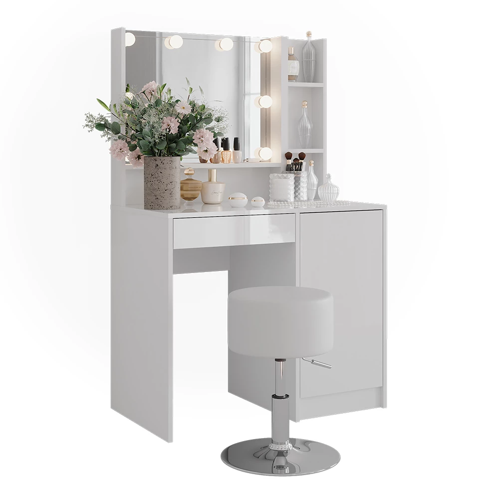 Coiffeuse en blanc/blanc brillant sur fond blanc avec des éléments décoratifs