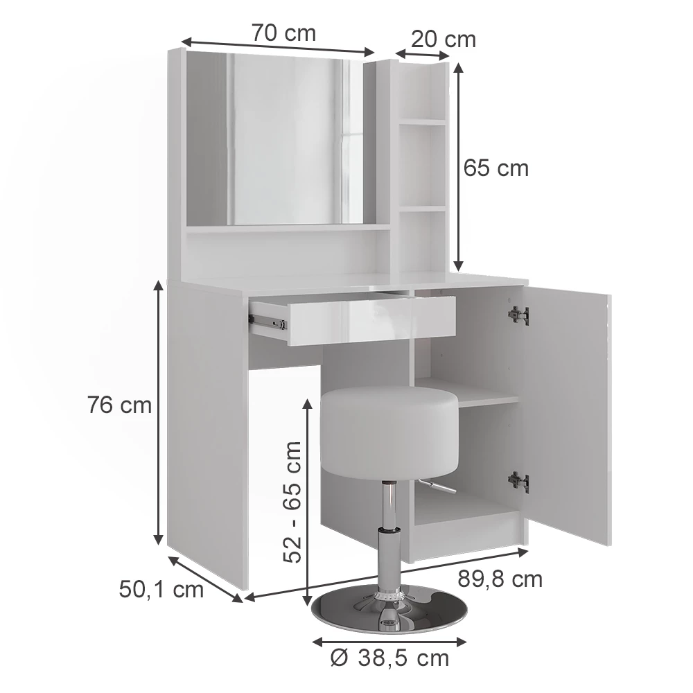 Coiffeuse en blanc/blanc brillant sur fond blanc avec dimensions visibles