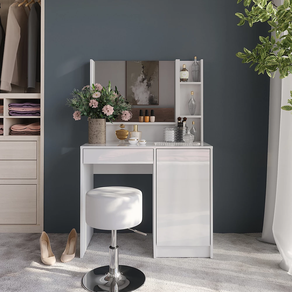 Coiffeuse en blanc/blanc brillant, présenté dans un décor ambiant avec décoration