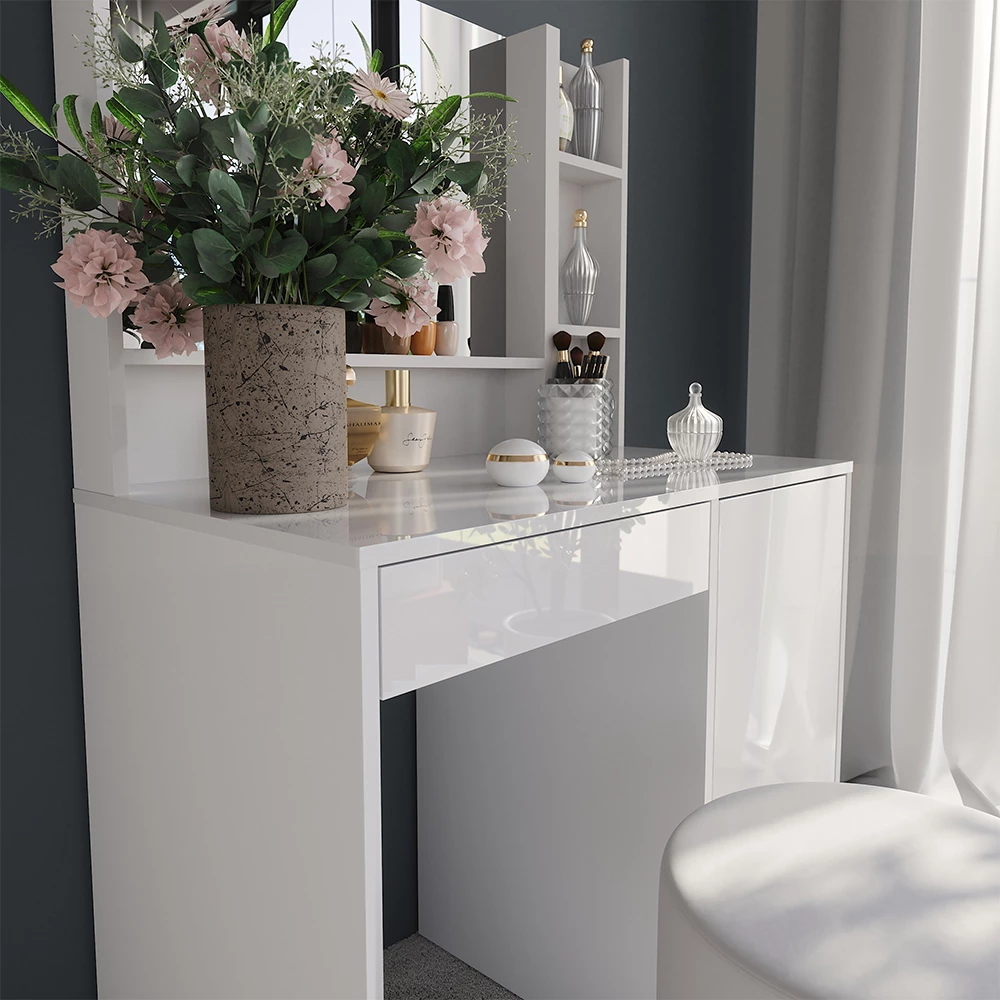 Gros plan de Coiffeuse en blanc/blanc brillant, montrant la texture/les détails