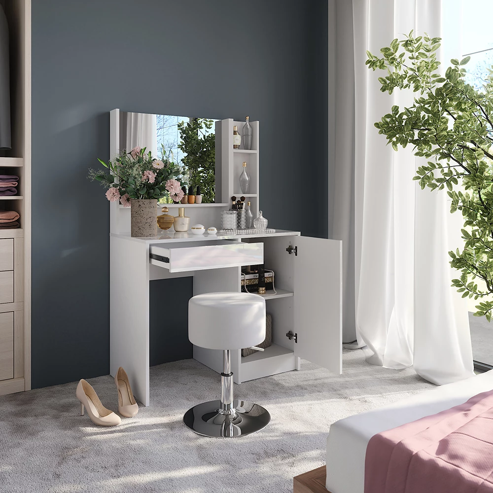 Gros plan de Coiffeuse en blanc/blanc brillant, montrant le design et les détails de surface