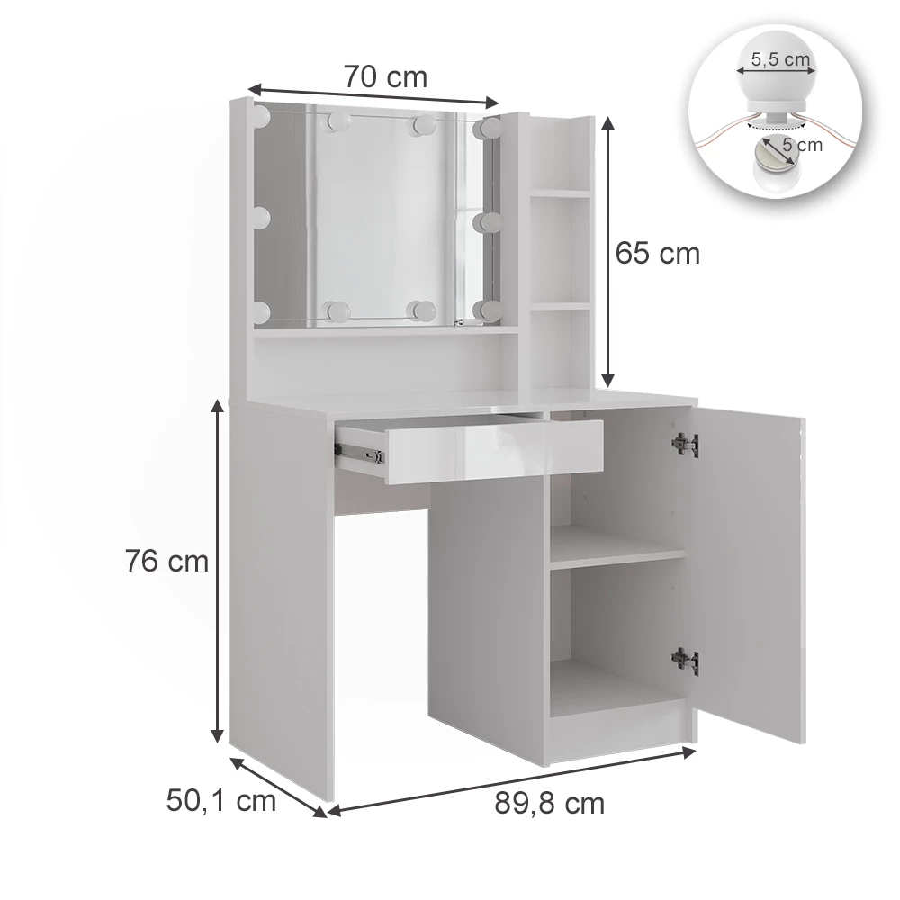 Coiffeuse en blanc/blanc brillant sur fond blanc avec dimensions visibles