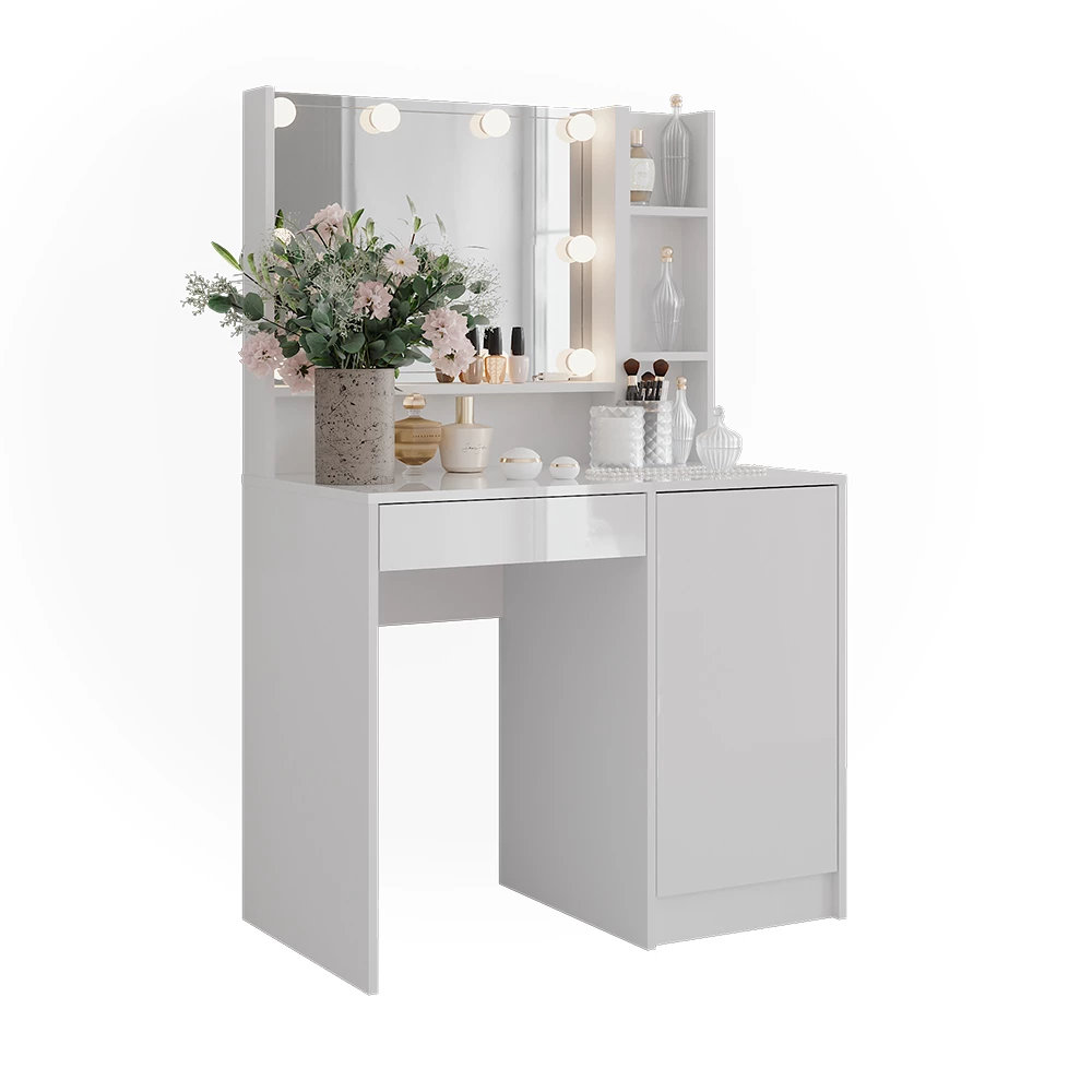 Coiffeuse en blanc/blanc brillant sur fond blanc avec des éléments décoratifs