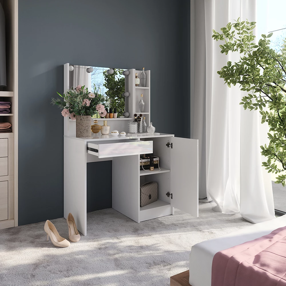 Gros plan de Coiffeuse en blanc/blanc brillant, montrant le design et les détails de surface