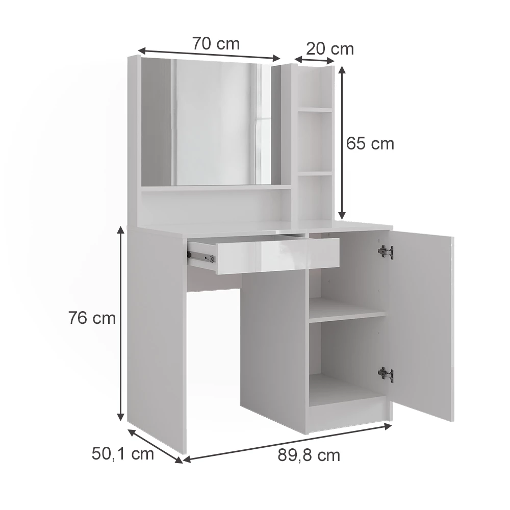 Schminktisch in Weiß/Weiß Hochglanz auf weißem Hintergrund mit sichtbaren Maßen