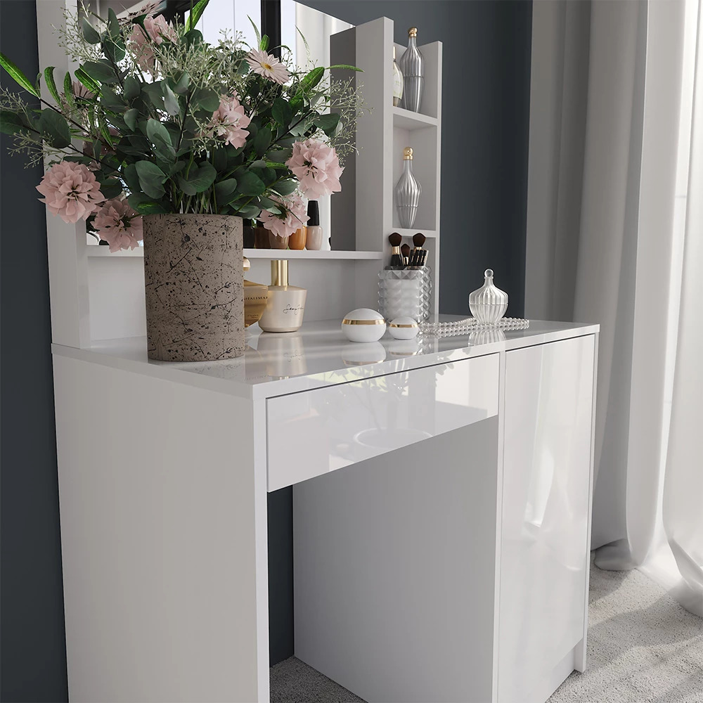 Nahaufnahme von Schminktisch in Weiß/Weiß Hochglanz, zeigt Textur/Details