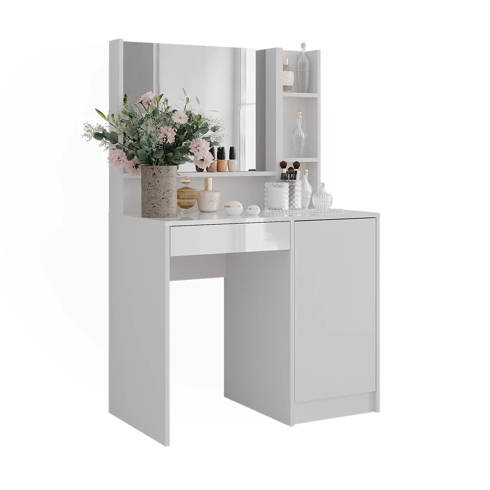 Schminktisch in Weiß/Weiß Hochglanz auf weißem Hintergrund mit dekorativen Elementen