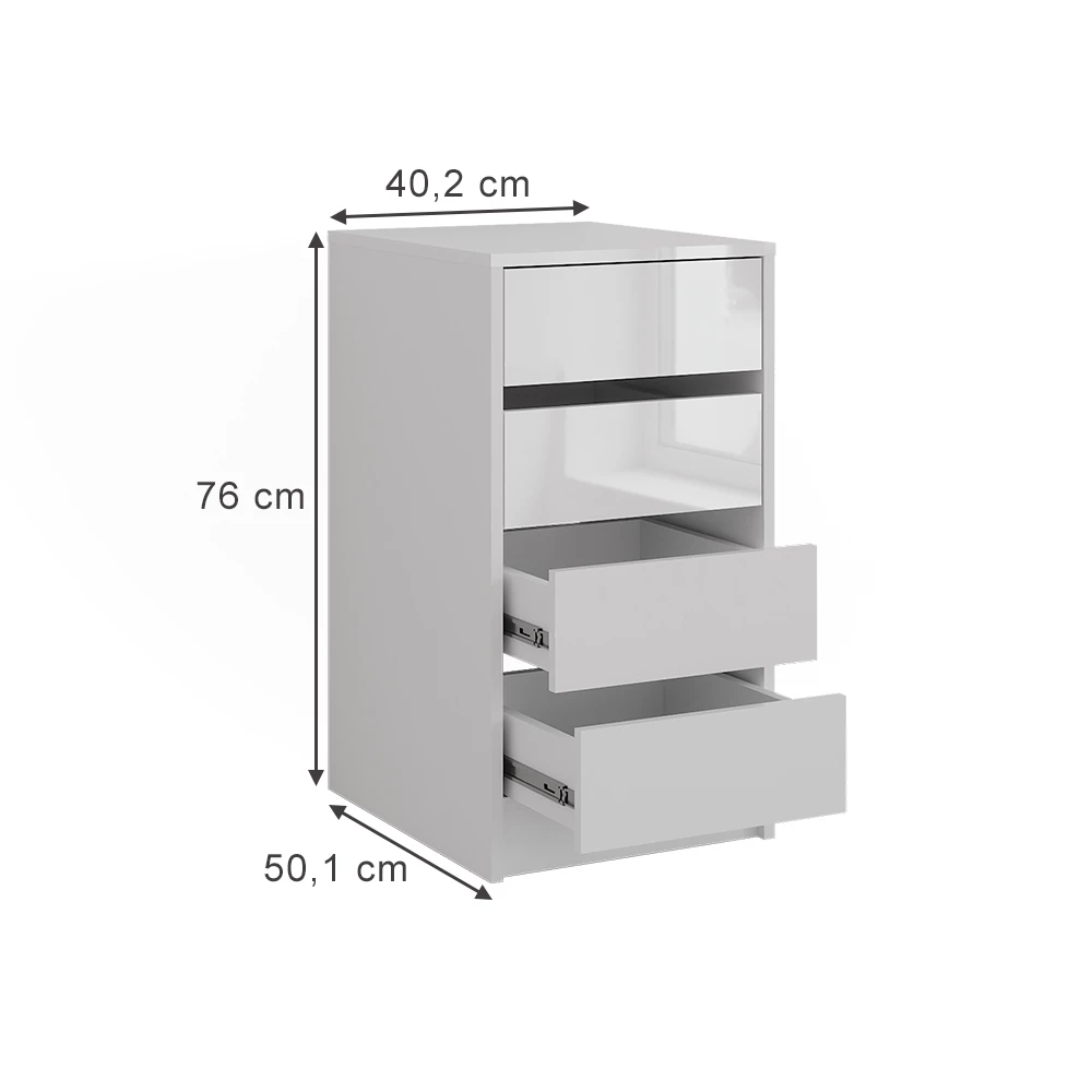 Kommode in Weiß/Weiß Hochglanz auf weißem Hintergrund mit sichtbaren Maßen