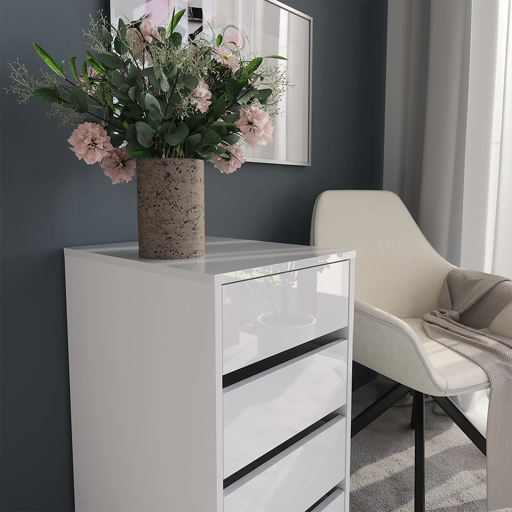 Nahaufnahme von Kommode in Weiß/Weiß Hochglanz, zeigt Textur/Details