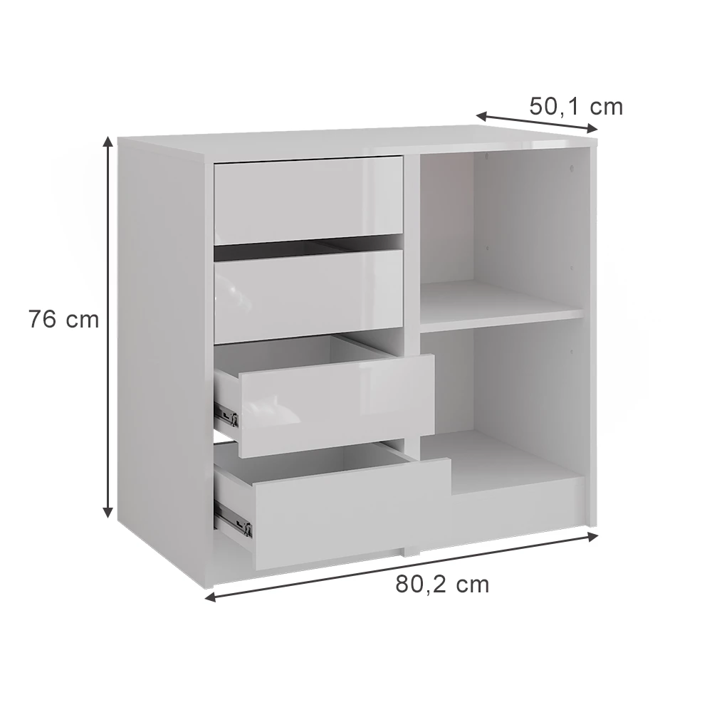 Dressoir in Wit/wit hoogglans on white background with visible dimensions