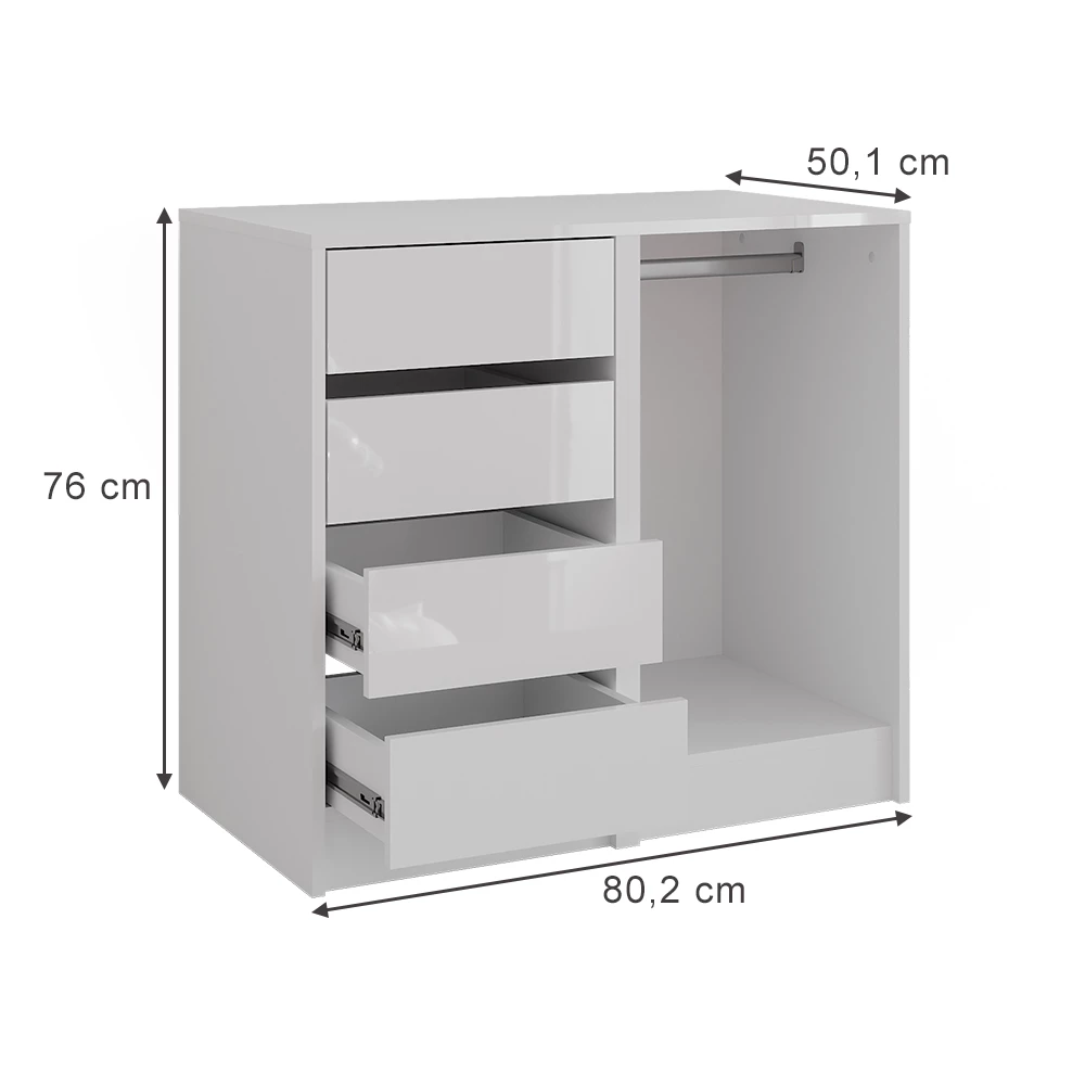 Cassettiera per camera da letto in Bianco/bianco lucido su sfondo bianco